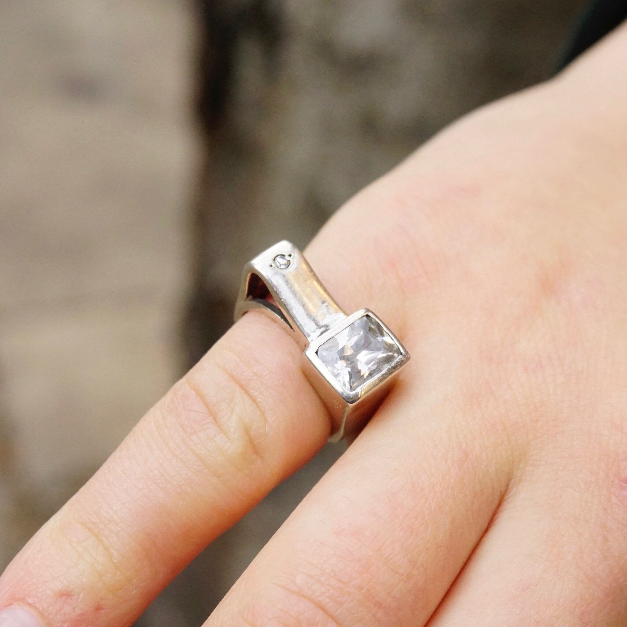 Vintage Sterling Silver Ring With Off Set Stone, Unique Silver Ring With Rectangle Face And Emerald Cut Glass, Small Silver Cut Out Ring