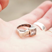 Vintage Sterling Silver Ring With Off Set Stone, Unique Silver Ring With Rectangle Face And Emerald Cut Glass, Small Silver Cut Out Ring
