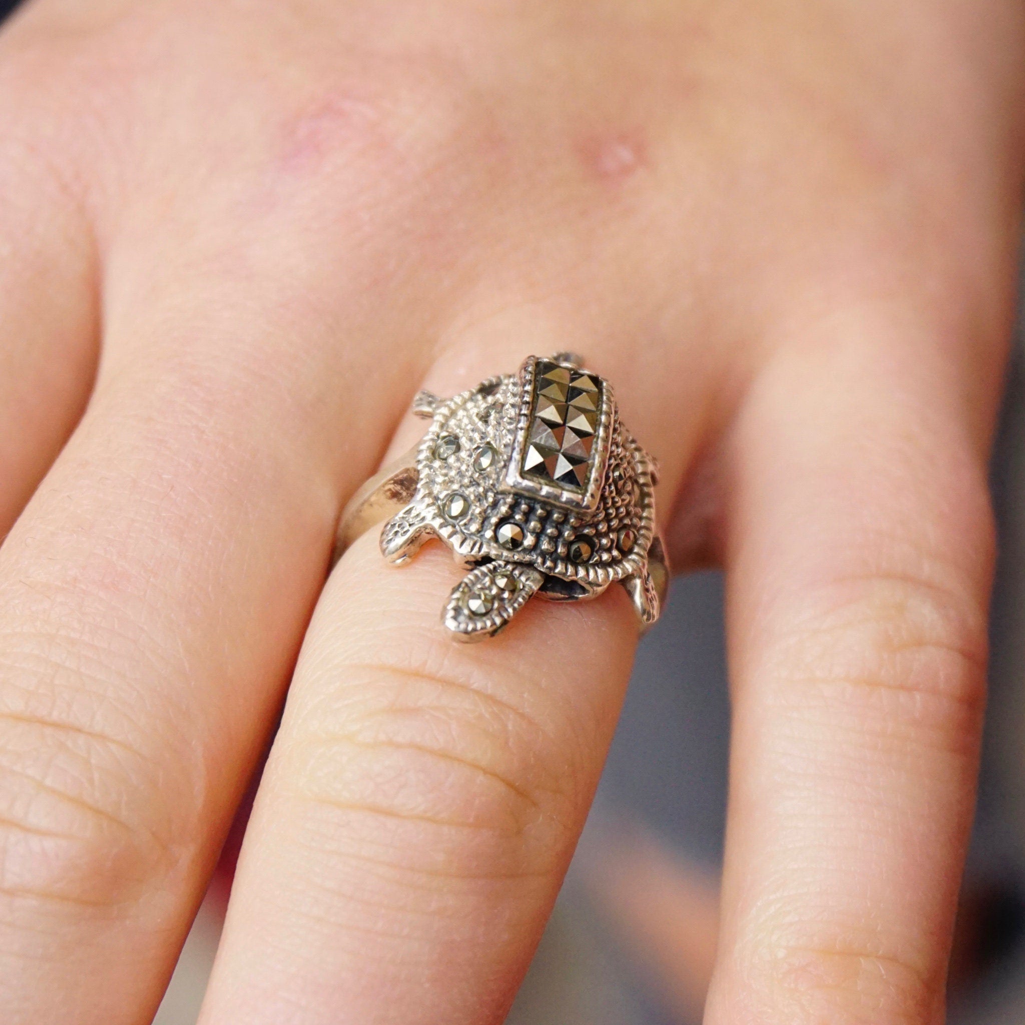 Vintage Sterling Silver Marcasite Turtle Ring, Silver Turtle Ring With Moveable Head, Art Deco Marcasite Sterling Silver Ring, 925 Jewelry
