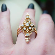 Vintage 14K Gold Opal Ring, Nouveau Style Long Finger Gold Ring With Opal Stones, Beautiful Embellished Gold Ring With Opalescent Stones