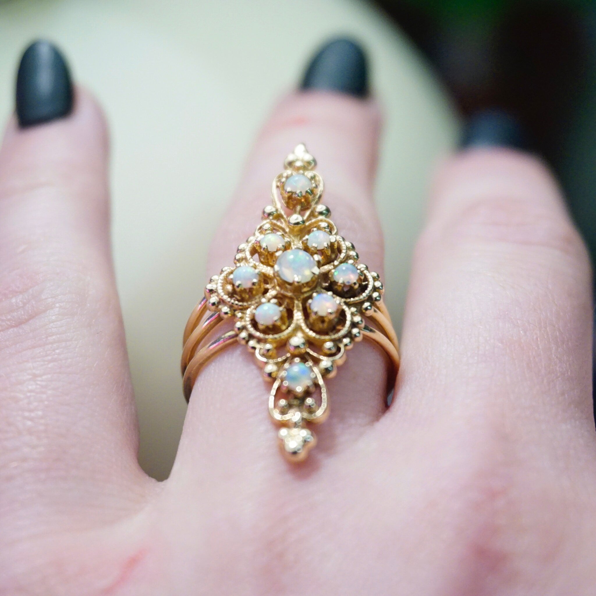 Vintage 14K Gold Opal Ring, Nouveau Style Long Finger Gold Ring With Opal Stones, Beautiful Embellished Gold Ring With Opalescent Stones