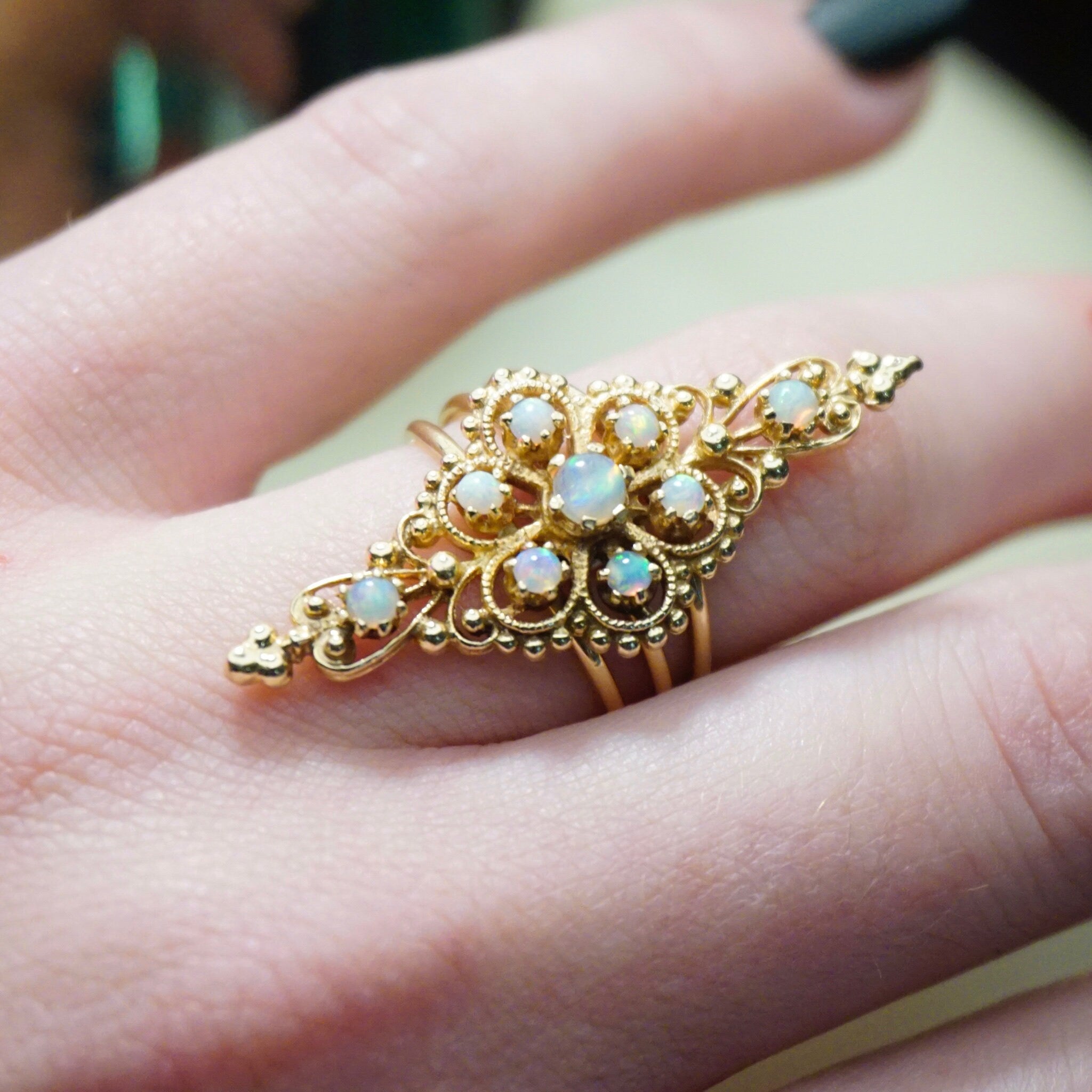 Vintage 14K Gold Opal Ring, Nouveau Style Long Finger Gold Ring With Opal Stones, Beautiful Embellished Gold Ring With Opalescent Stones