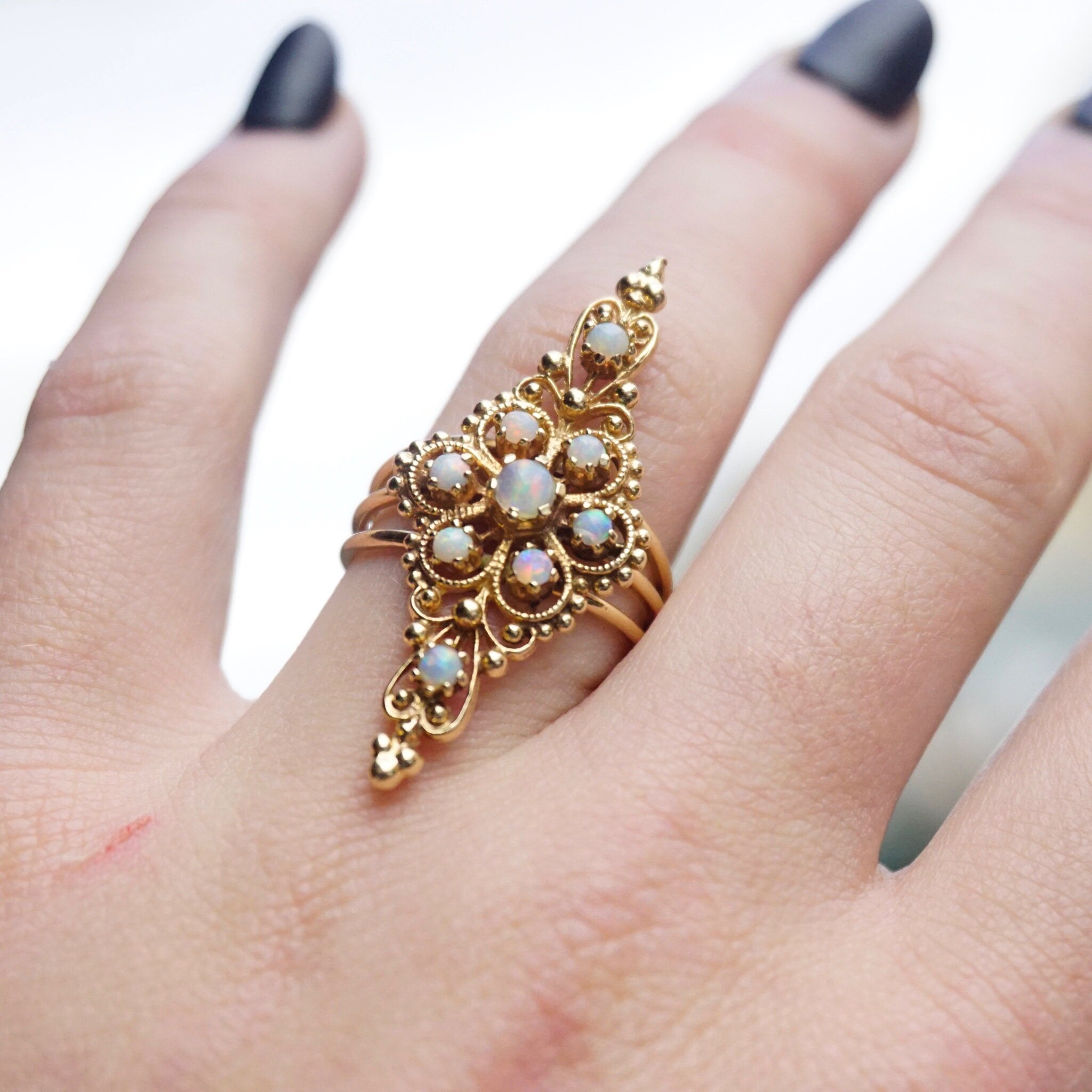 Vintage 14K Gold Opal Ring, Nouveau Style Long Finger Gold Ring With Opal Stones, Beautiful Embellished Gold Ring With Opalescent Stones