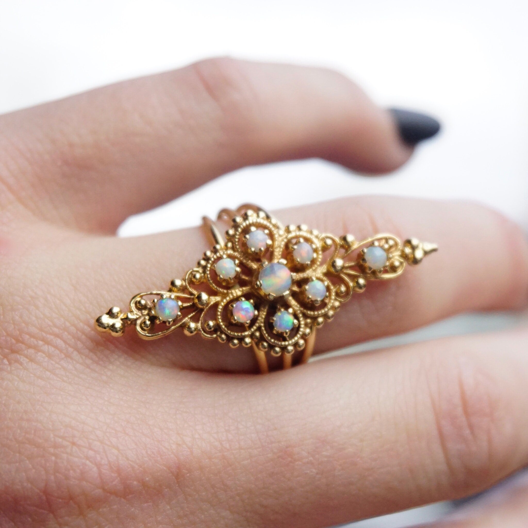 Vintage 14K Gold Opal Ring, Nouveau Style Long Finger Gold Ring With Opal Stones, Beautiful Embellished Gold Ring With Opalescent Stones