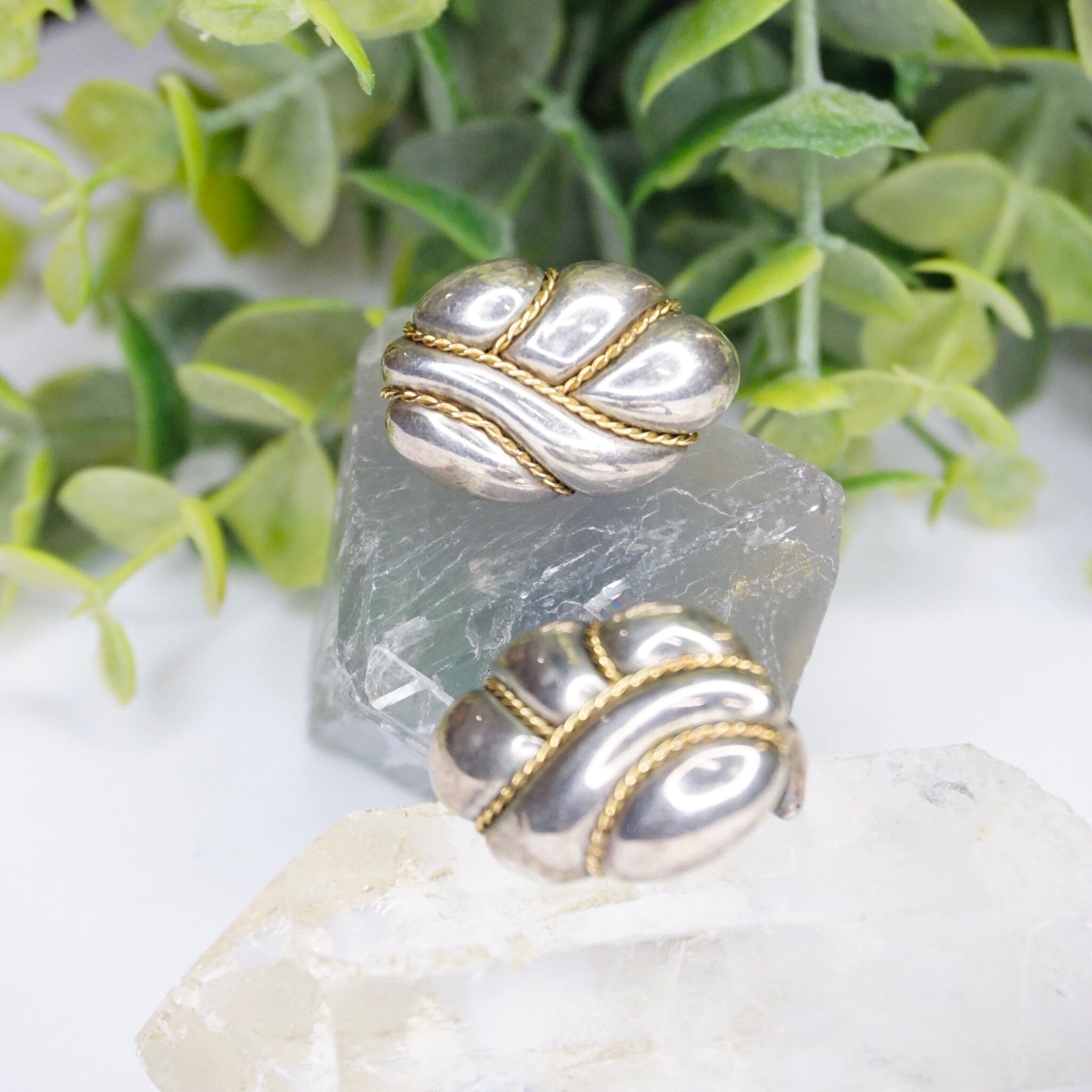 Vintage Sterling Silver 18K Gold Clip On Earrings, Signed Pazia Sterling 18K Earrings, Abstract Silver Earrings With Gold Details, 925