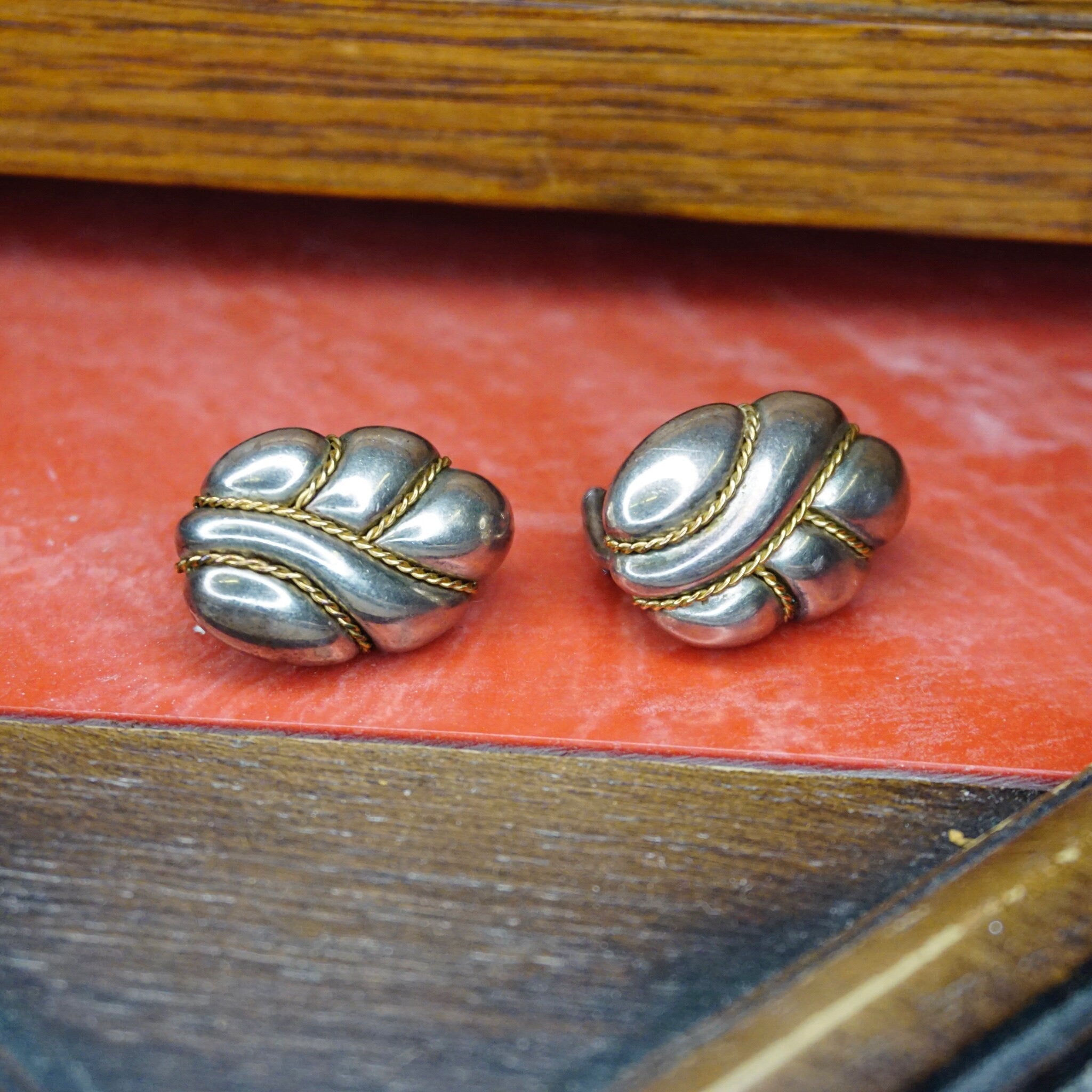 Vintage Sterling Silver 18K Gold Clip On Earrings, Signed Pazia Sterling 18K Earrings, Abstract Silver Earrings With Gold Details, 925
