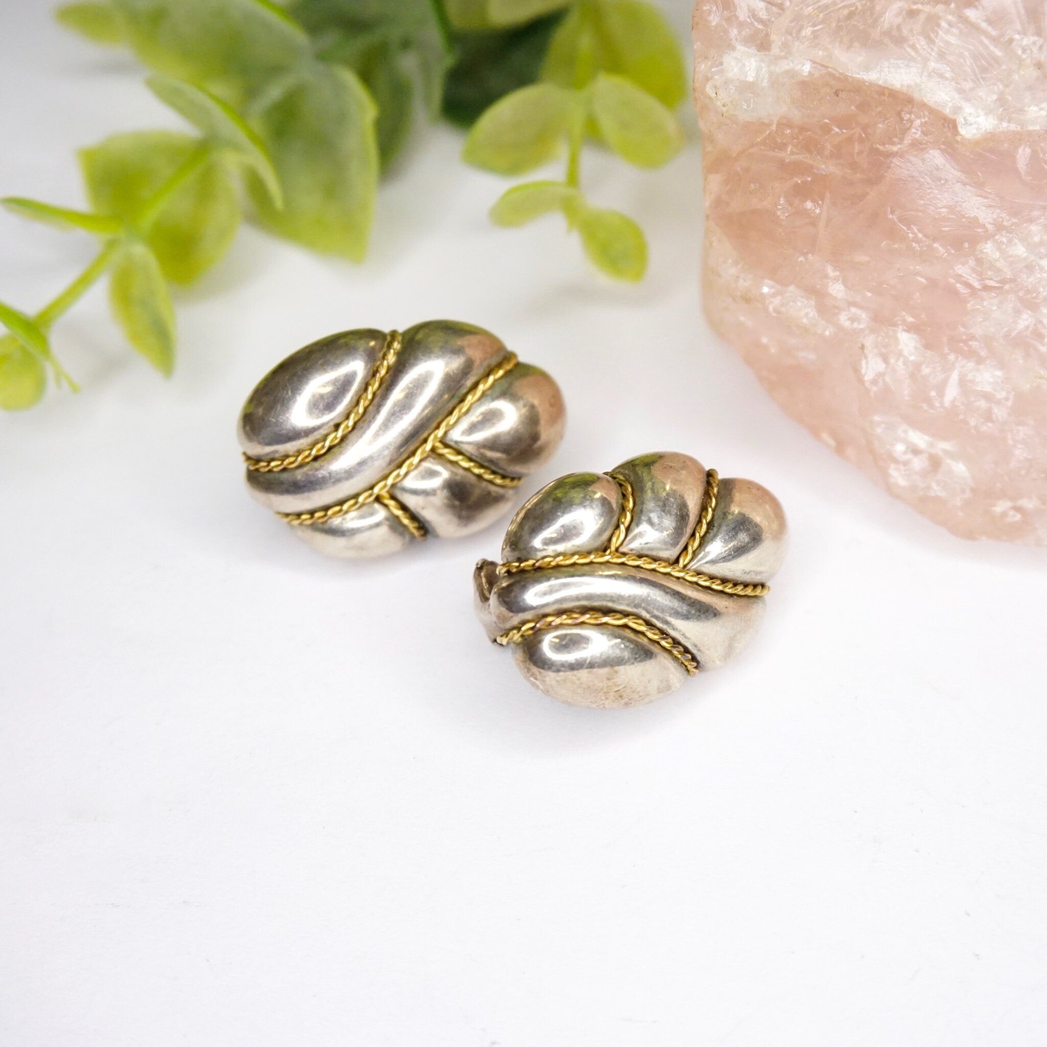 Vintage Sterling Silver 18K Gold Clip On Earrings, Signed Pazia Sterling 18K Earrings, Abstract Silver Earrings With Gold Details, 925