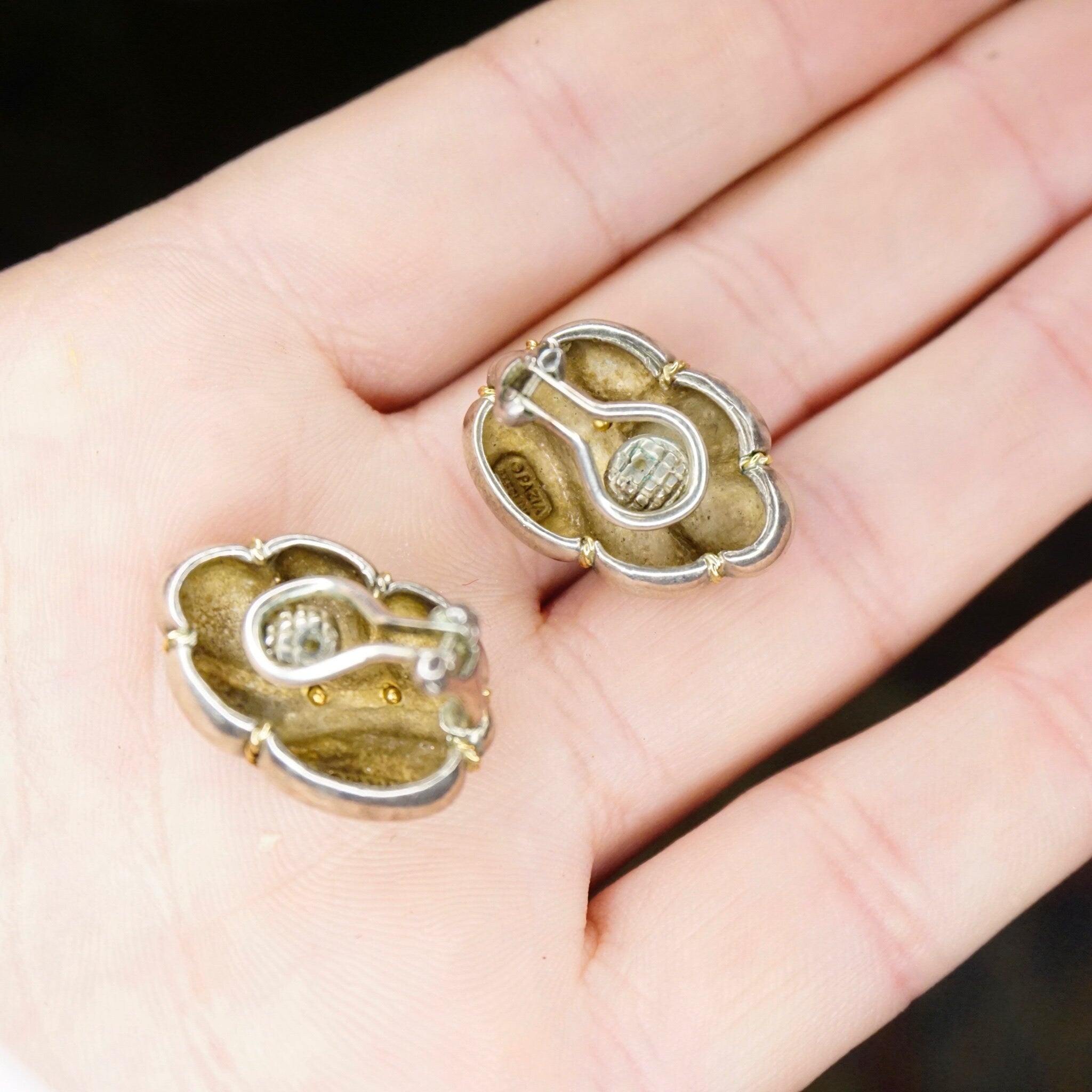 Vintage Sterling Silver 18K Gold Clip On Earrings, Signed Pazia Sterling 18K Earrings, Abstract Silver Earrings With Gold Details, 925