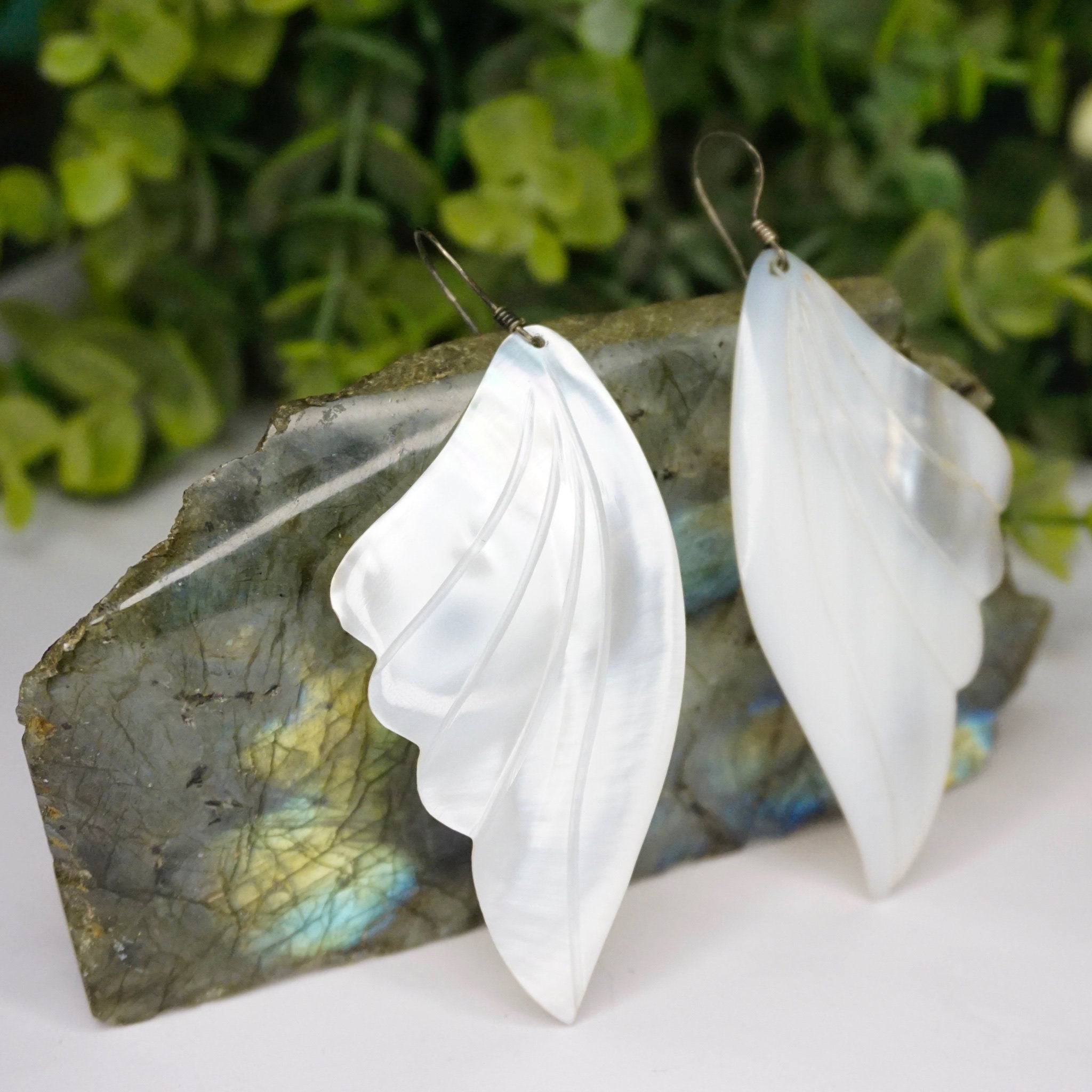 Vintage Mother Of Pearl Angel Wing Earrings, Beautiful Silver Dangle Earrings With Iridescent Shell, White Angel Wing Earrings, 925 Jewelry