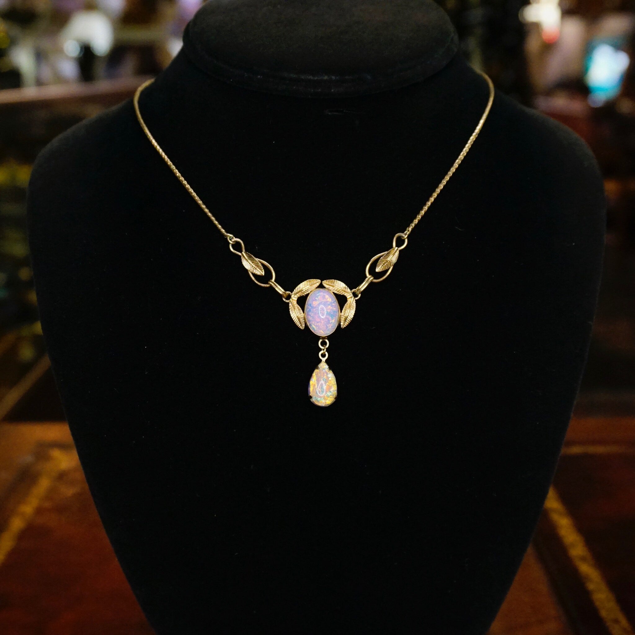 Vintage Van Dell 12K Gold Filled Opal Choker Necklace, Beautiful Dragons Breath Art Glass Necklace, Opalescent Stone Choker With Gold Leafs