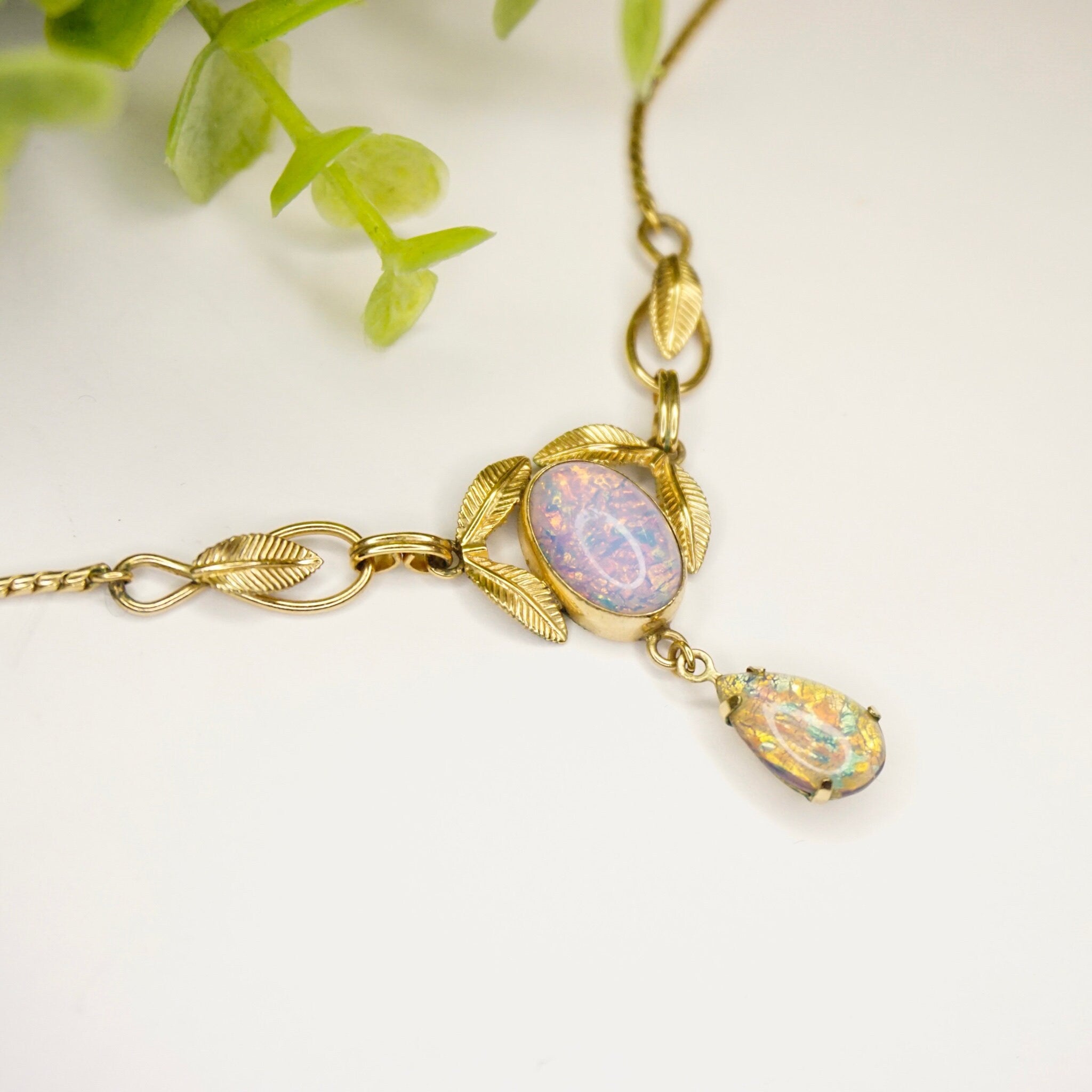 Vintage Van Dell 12K Gold Filled Opal Choker Necklace, Beautiful Dragons Breath Art Glass Necklace, Opalescent Stone Choker With Gold Leafs