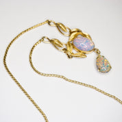 Vintage Van Dell 12K Gold Filled Opal Choker Necklace, Beautiful Dragons Breath Art Glass Necklace, Opalescent Stone Choker With Gold Leafs