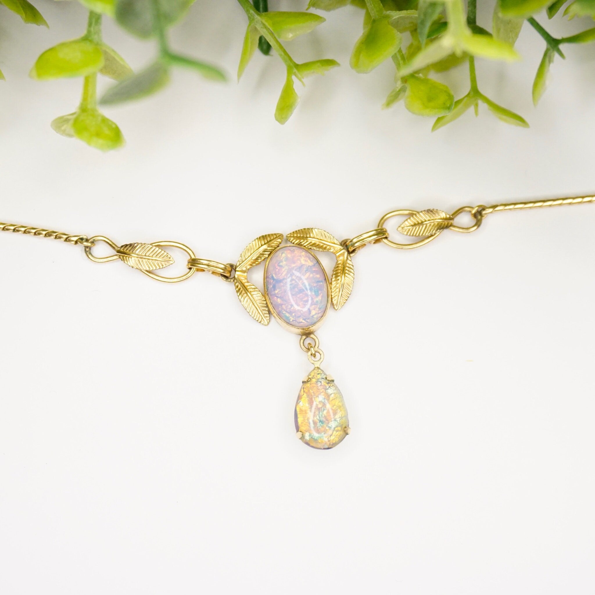 Vintage Van Dell 12K Gold Filled Opal Choker Necklace, Beautiful Dragons Breath Art Glass Necklace, Opalescent Stone Choker With Gold Leafs