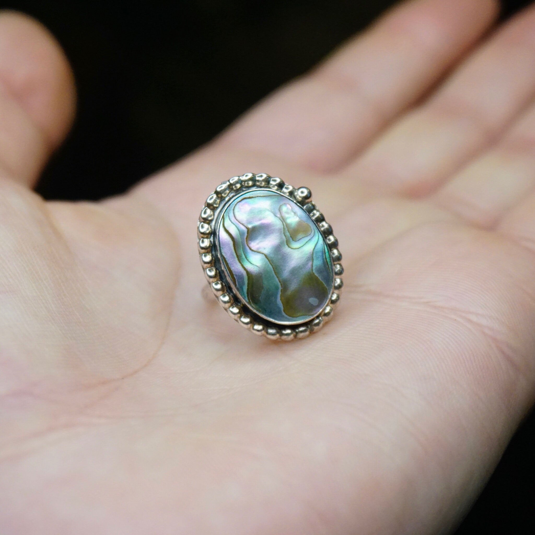 Vintage Sterling Silver Abalone Ring, Beautiful Textured Abalone Ring, Petite Silver Ring, Hallmarked Silver Ring, 925 Jewelry