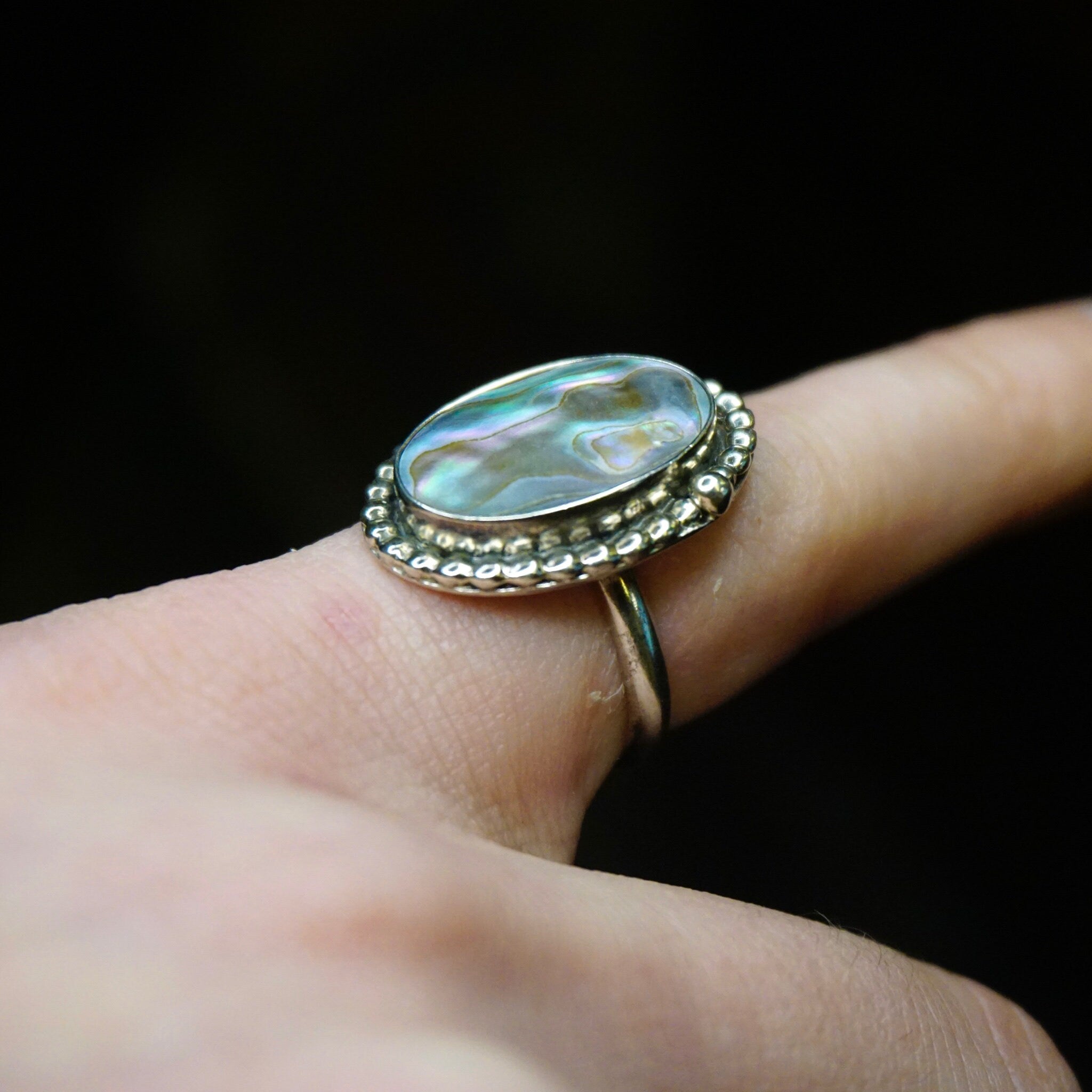 Vintage Sterling Silver Abalone Ring, Beautiful Textured Abalone Ring, Petite Silver Ring, Hallmarked Silver Ring, 925 Jewelry