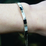Vintage Sterling Silver Bangle With Inlaid Onyx and Mother Of Pearl, Minimalist Jewelry, 925A