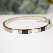 Vintage Sterling Silver Bangle With Inlaid Onyx and Mother Of Pearl, Minimalist Jewelry, 925A