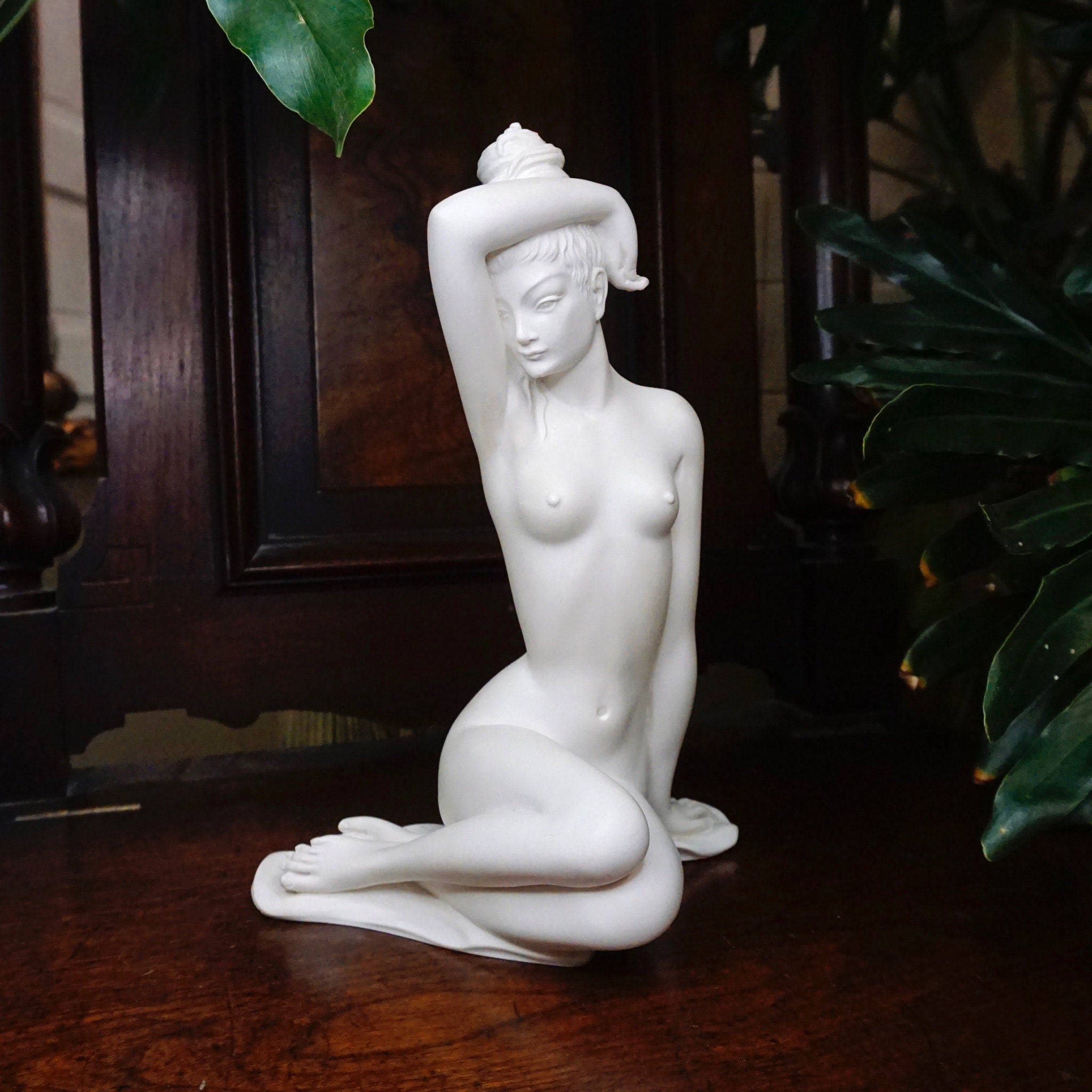 Vintage Nude Lady Figure Statue, Small White Statue Of A Naked Women Sitting With Arm Raised, Beautiful Nude Female Figure Sculpture,