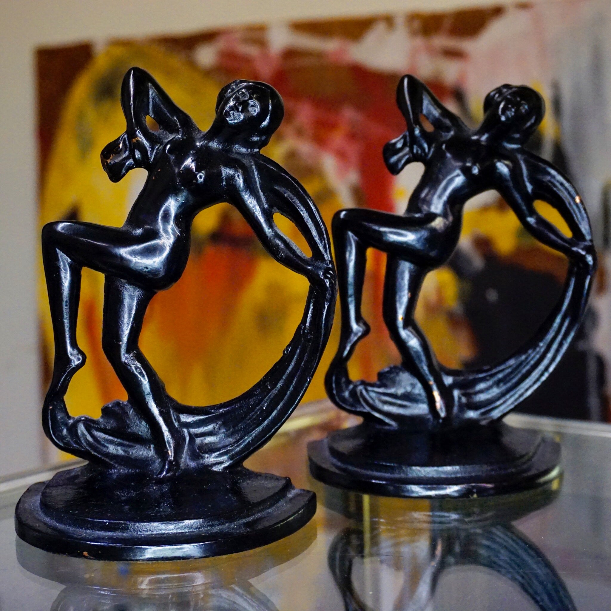 Vintage Hubley Nude Scarf Dancer Cast Iron Bookends, Pair Of Black Cast Iron Book Ends With Dancing Figure, Art Deco Home Decor