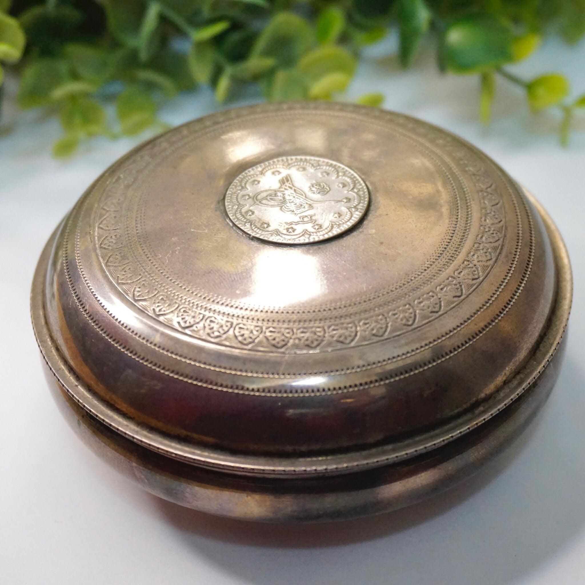 Vintage Sterling Silver Container With Gold Toned Inside, Silver Catchall With Etched Symbols, Small Circular Silver Jar With Lid, MK 925