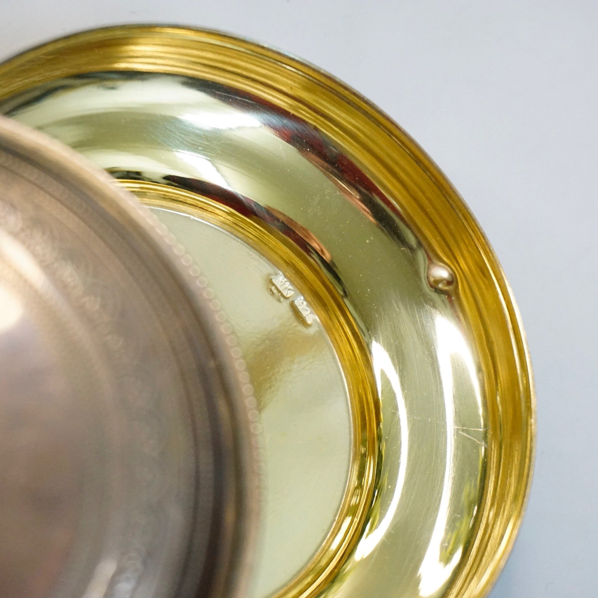 Vintage Sterling Silver Container With Gold Toned Inside, Silver Catchall With Etched Symbols, Small Circular Silver Jar With Lid, MK 925
