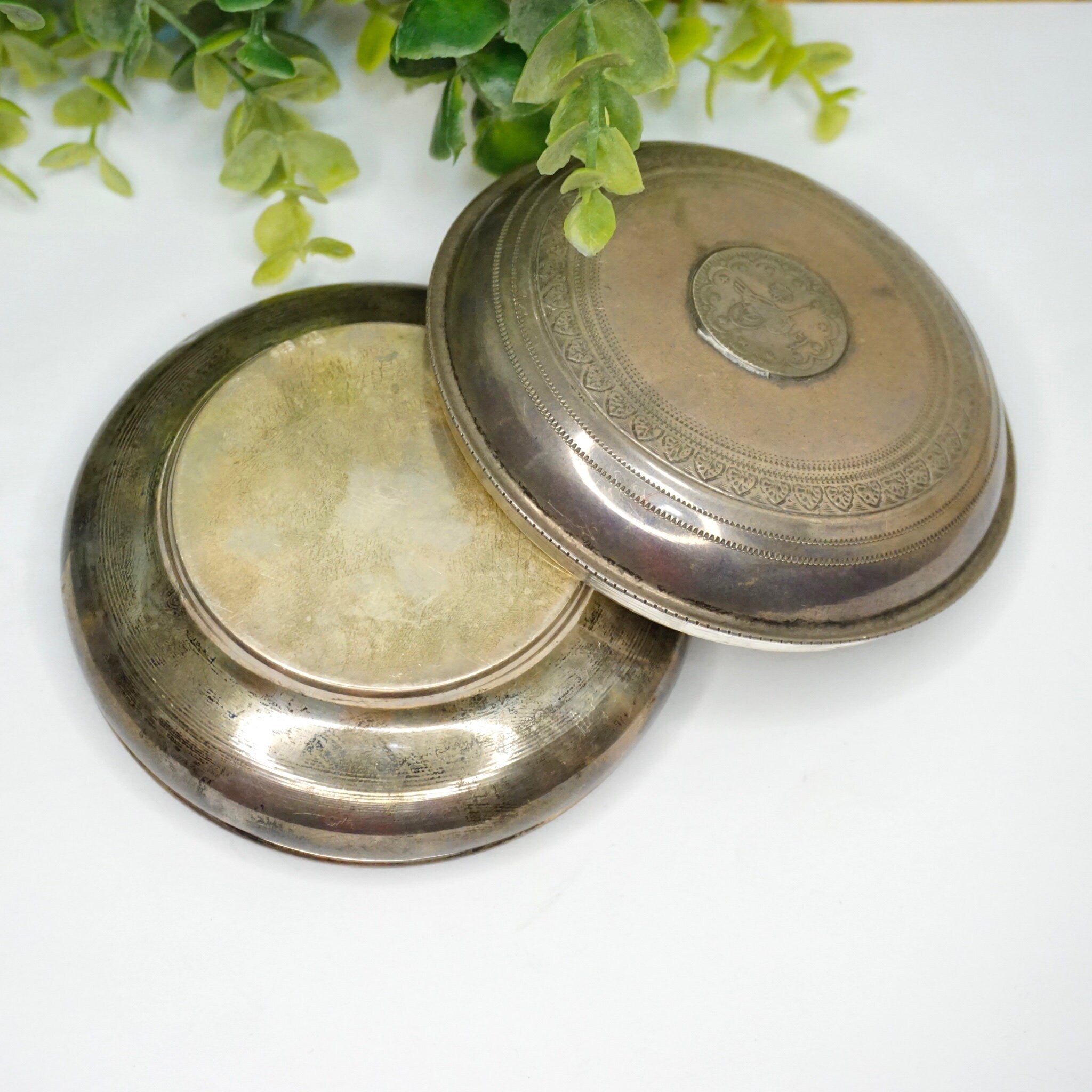 Vintage Sterling Silver Container With Gold Toned Inside, Silver Catchall With Etched Symbols, Small Circular Silver Jar With Lid, MK 925