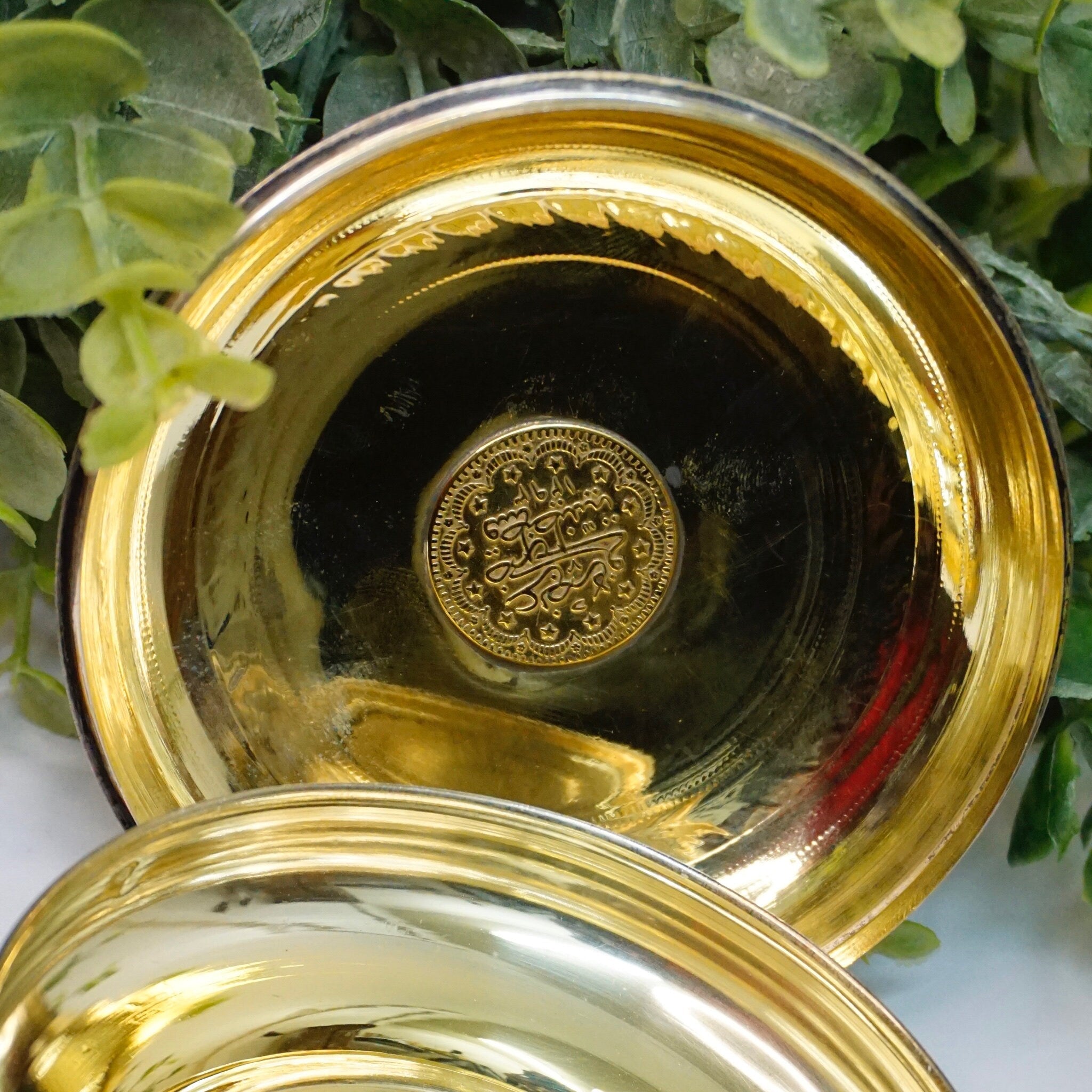 Vintage Sterling Silver Container With Gold Toned Inside, Silver Catchall With Etched Symbols, Small Circular Silver Jar With Lid, MK 925