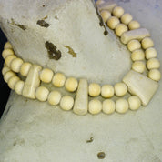 Vintage Gerda Lynggard Monies Chunky Wooden Necklace, Two Strand Wood and Stone Bead Collar Necklace, Mid Century Beaded Necklace