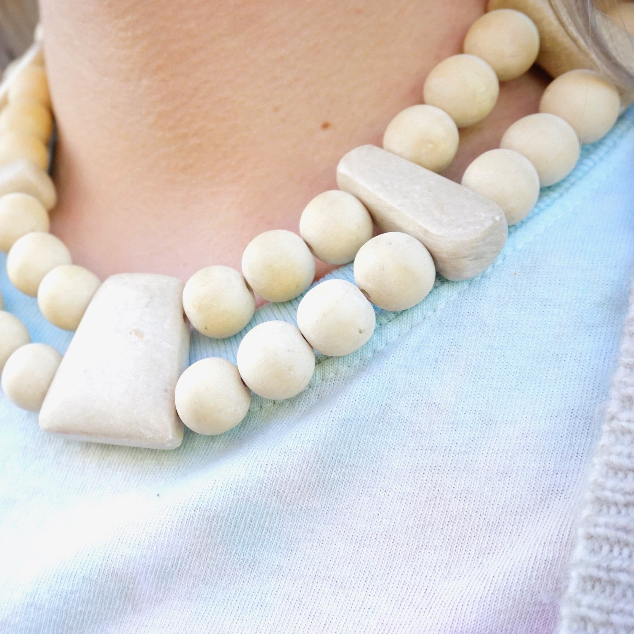 Vintage Gerda Lynggard Monies Chunky Wooden Necklace, Two Strand Wood and Stone Bead Collar Necklace, Mid Century Beaded Necklace