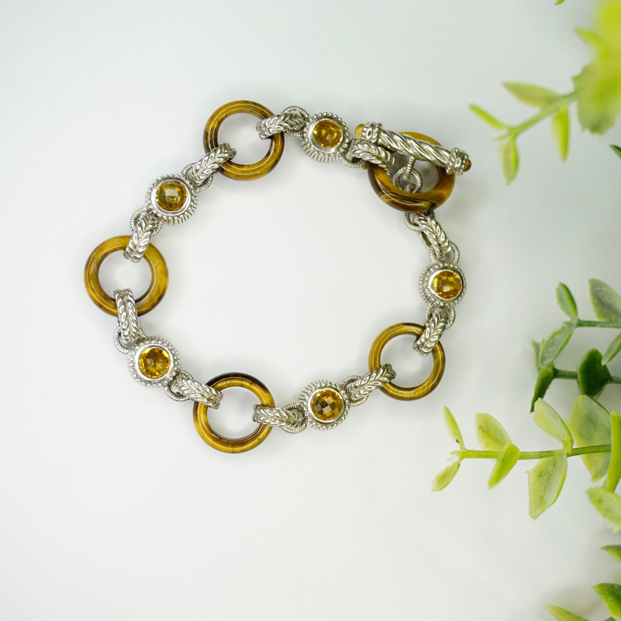Vintage Judith Ripka Sterling Silver Tigers Eye Citrine Bracelet, Silver Fleur De Lis Link Bracelet With Citrine Stones, 925 Jewelry