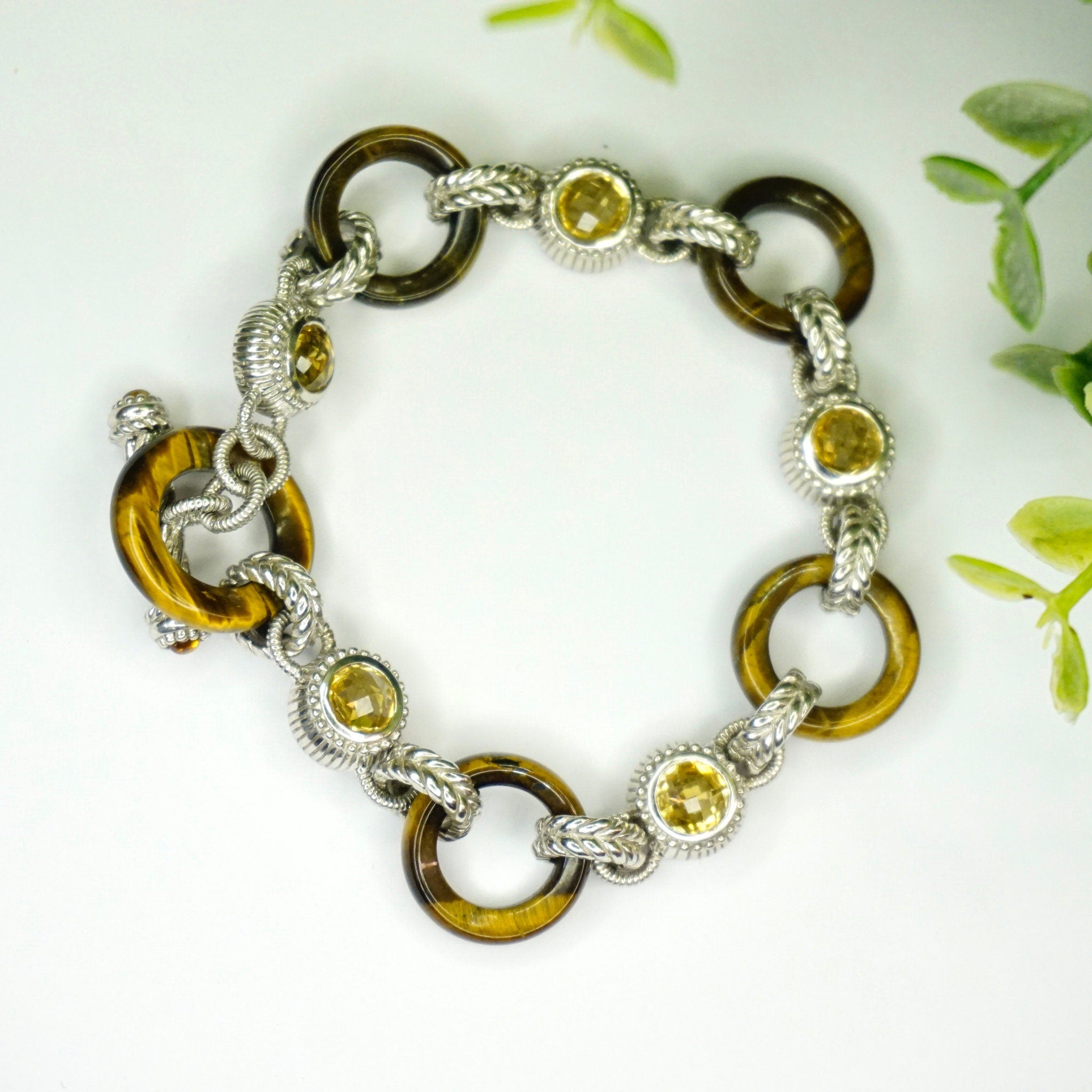 Vintage Judith Ripka Sterling Silver Tigers Eye Citrine Bracelet, Silver Fleur De Lis Link Bracelet With Citrine Stones, 925 Jewelry