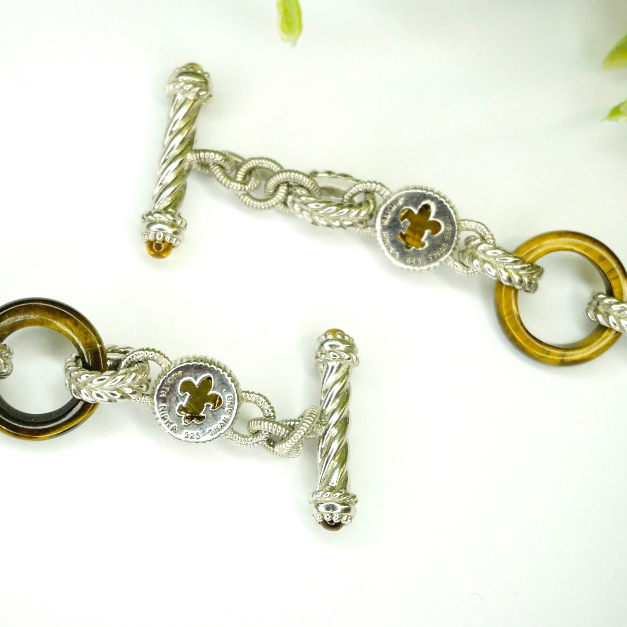 Vintage Judith Ripka Sterling Silver Tigers Eye Citrine Bracelet, Silver Fleur De Lis Link Bracelet With Citrine Stones, 925 Jewelry