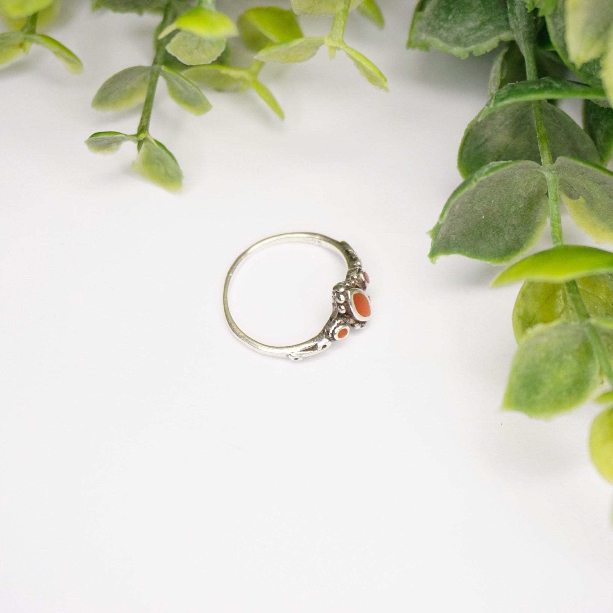 Vintage Sterling Silver Ring With Red Stone/Glass, Petite Silver Ring With Swirl Details, Thin Sterling Ring With Red Accent Stones, 925