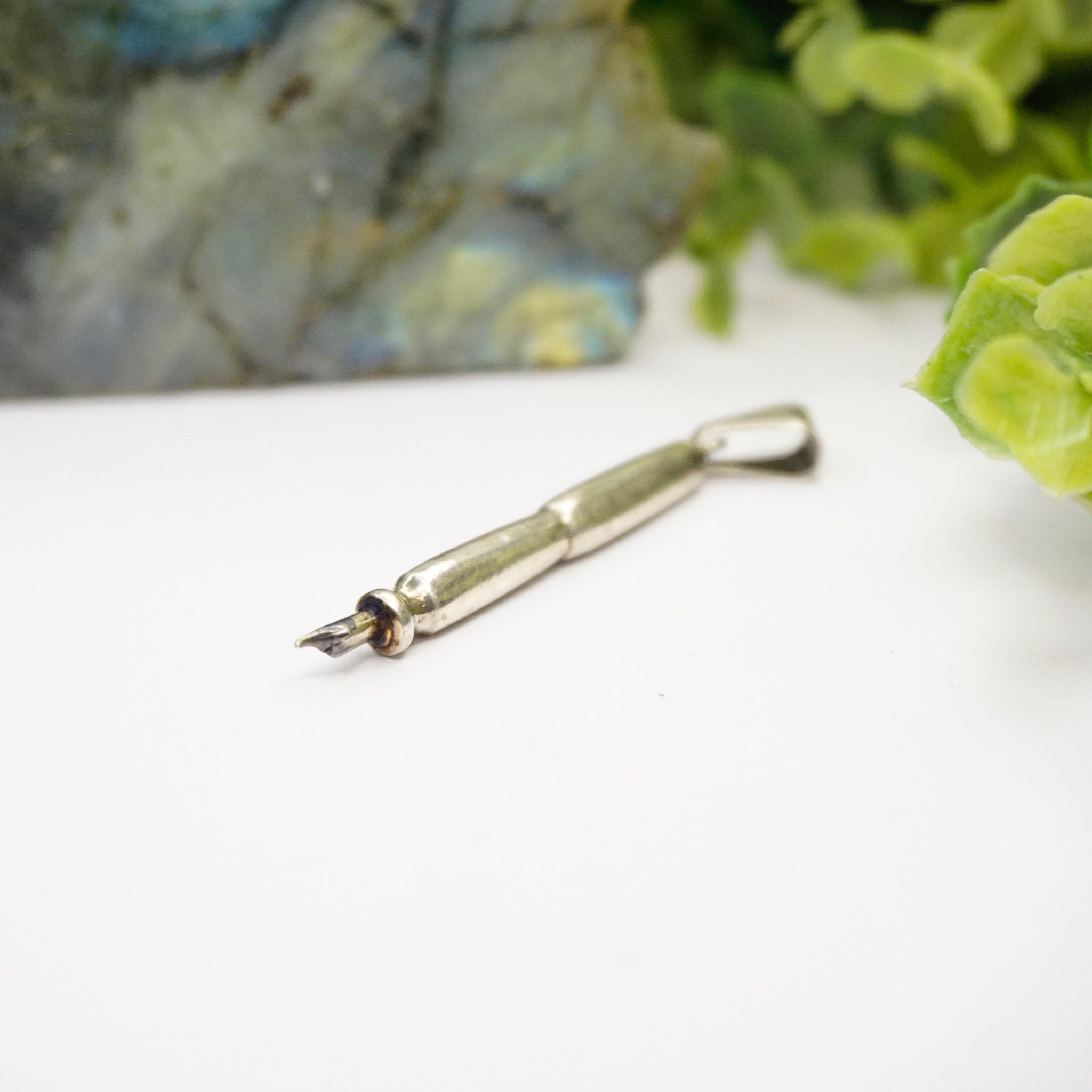 Vintage Silver Fountain Pen Pendant, Unique Silver Stylus Pendant, Miniature Dip Pen Necklace Pendant, 925 Jewelry