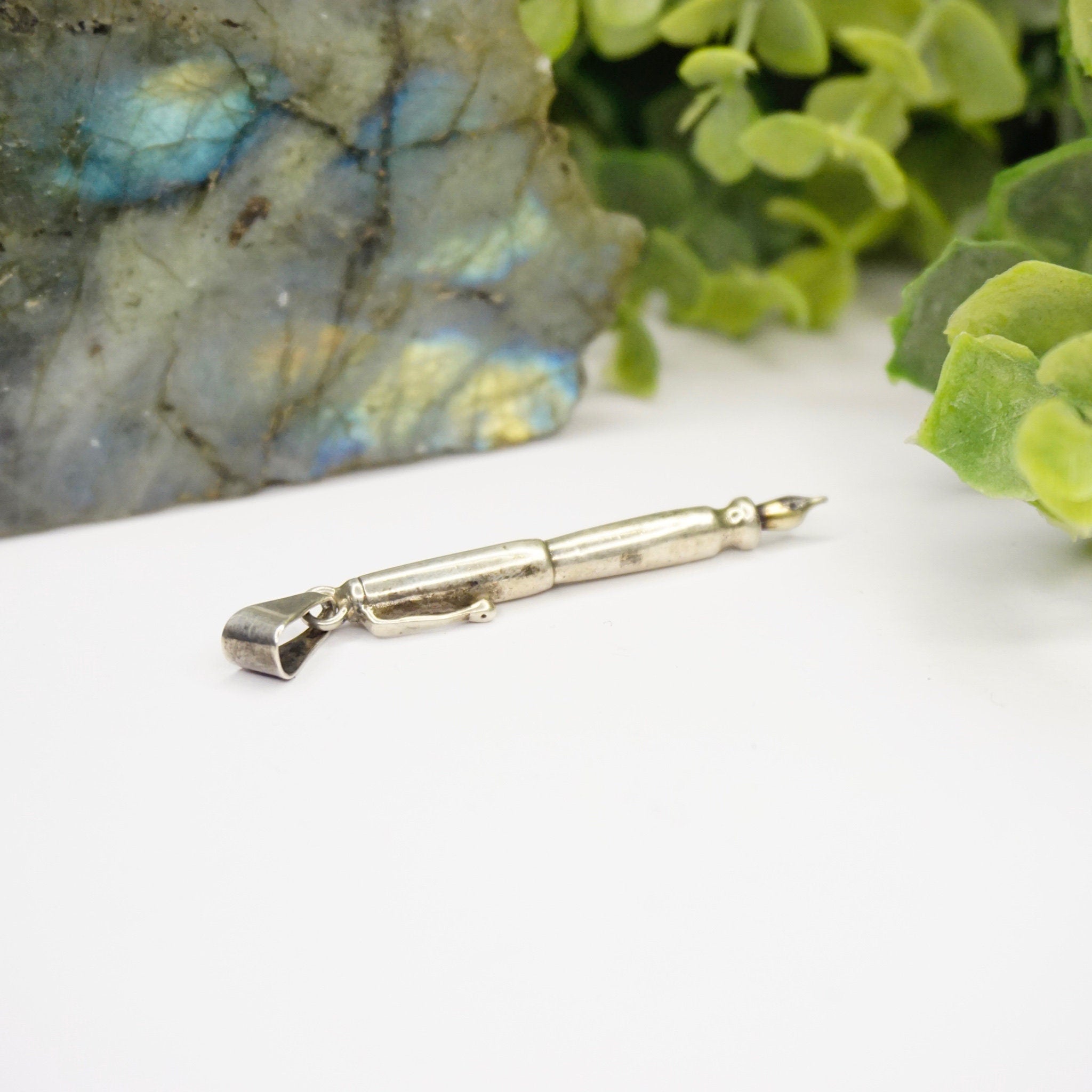 Vintage Silver Fountain Pen Pendant, Unique Silver Stylus Pendant, Miniature Dip Pen Necklace Pendant, 925 Jewelry