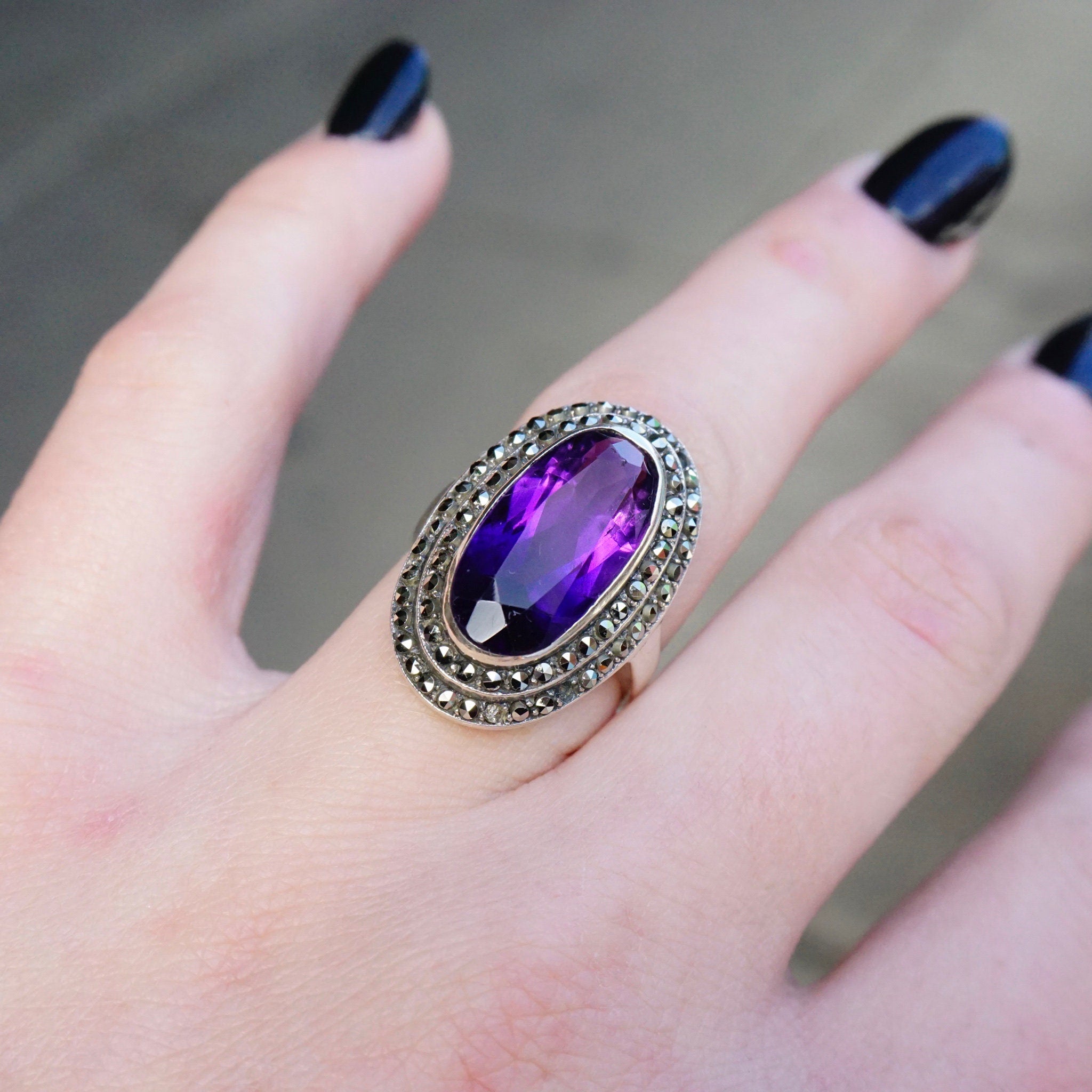 Vintage Amethyst And Marcasite Sterling Silver Ring, Art Deco Ring With Oval Cut Amethyst And Accent Marcasite Stones, 925 Jewelry
