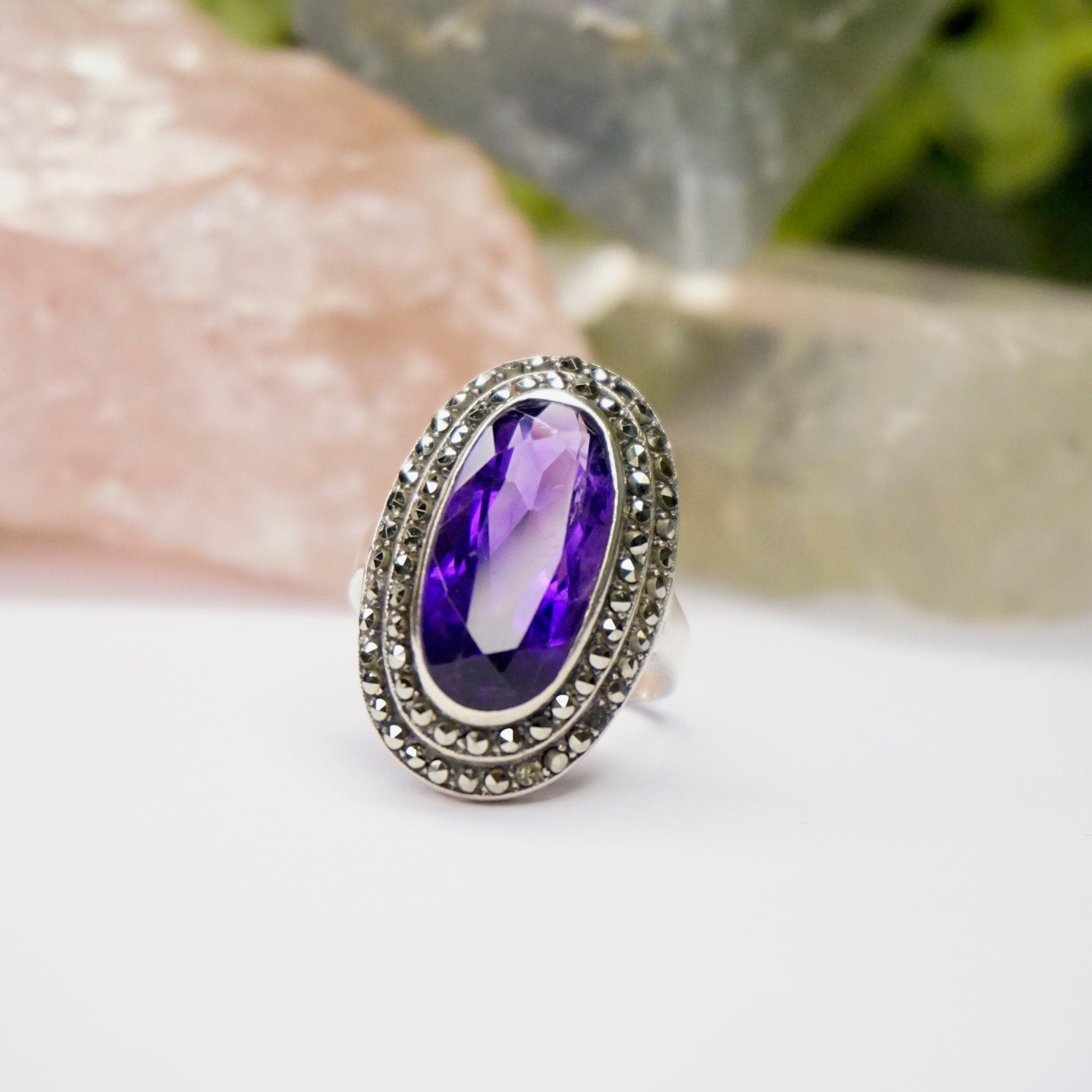 Vintage Amethyst And Marcasite Sterling Silver Ring, Art Deco Ring With Oval Cut Amethyst And Accent Marcasite Stones, 925 Jewelry