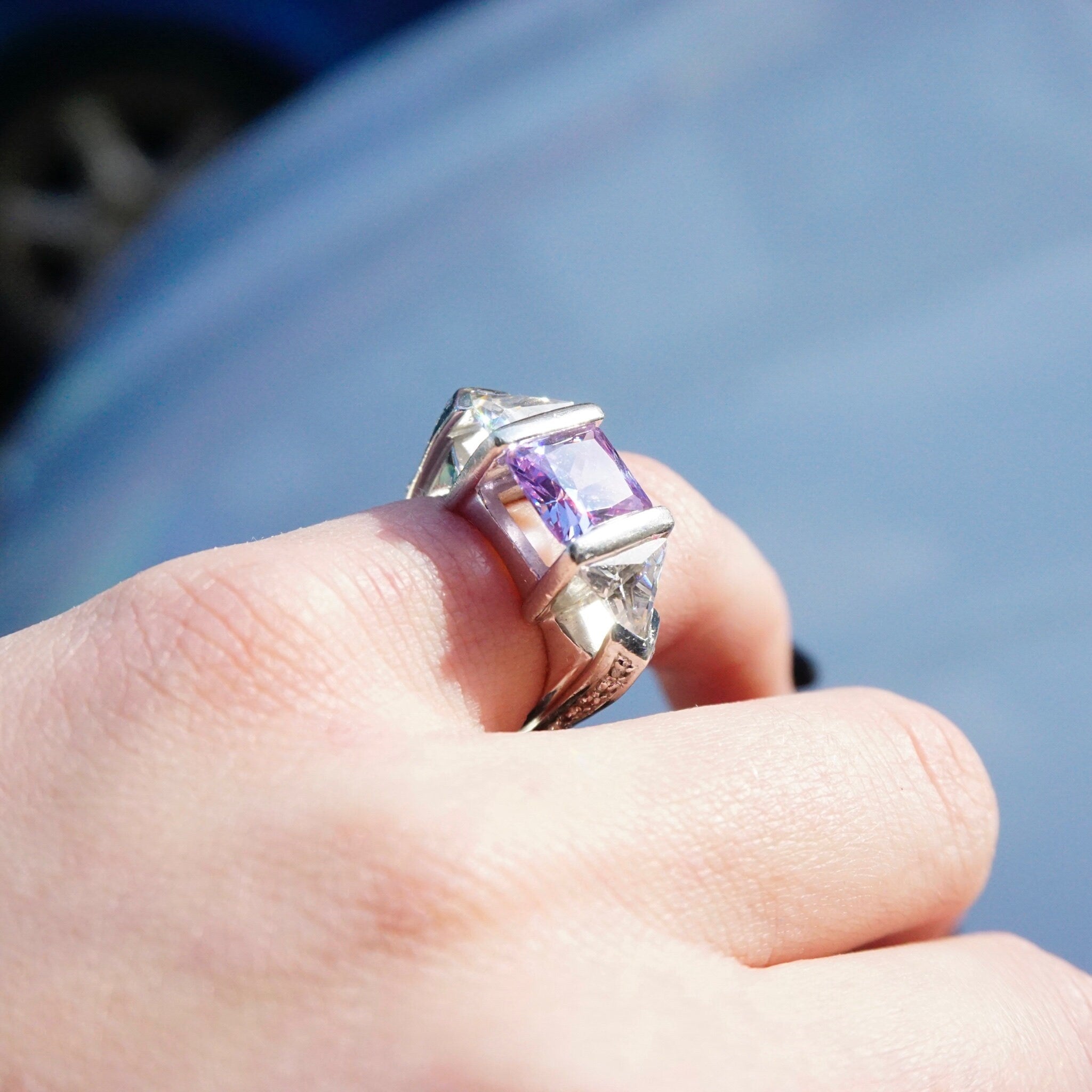 Vintage Sterling Silver 3-Stone Ring, Princess Cut Purple Glass With Flanking Triangle Cut Glass, Square Silver Trellis Ring, 925 Jewelry