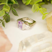 Vintage Sterling Silver 3-Stone Ring, Princess Cut Purple Glass With Flanking Triangle Cut Glass, Square Silver Trellis Ring, 925 Jewelry