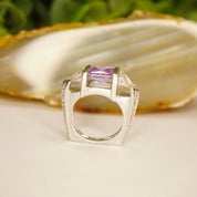 Vintage Sterling Silver 3-Stone Ring, Princess Cut Purple Glass With Flanking Triangle Cut Glass, Square Silver Trellis Ring, 925 Jewelry