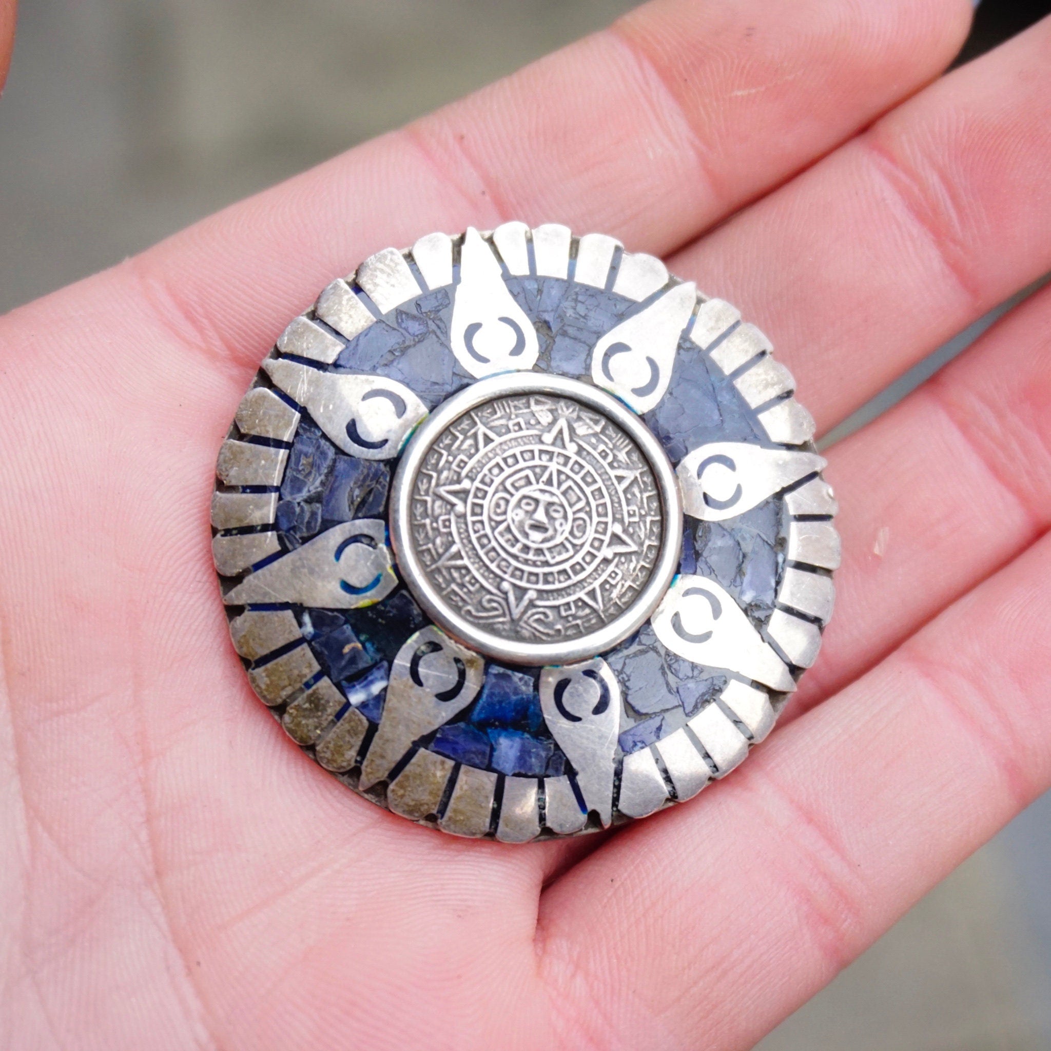 Brooch, Aztec Pendant With Blue Stones and Silver Sun Rays, Mayan Sun God Brooch, Mex 925 Jewelry
