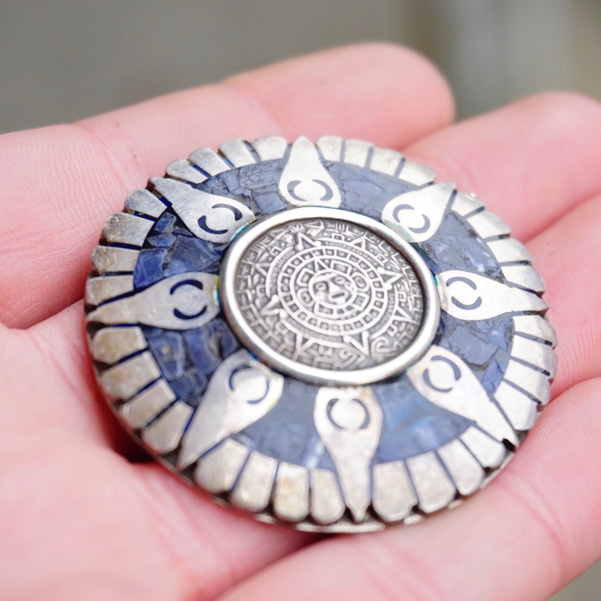Vintage Taxco Silver Mayan Sun Pendant/Brooch, Aztec Pendant With Blue Stones and Silver Sun Rays, Mayan Sun God Brooch, Mex 925 Jewelry