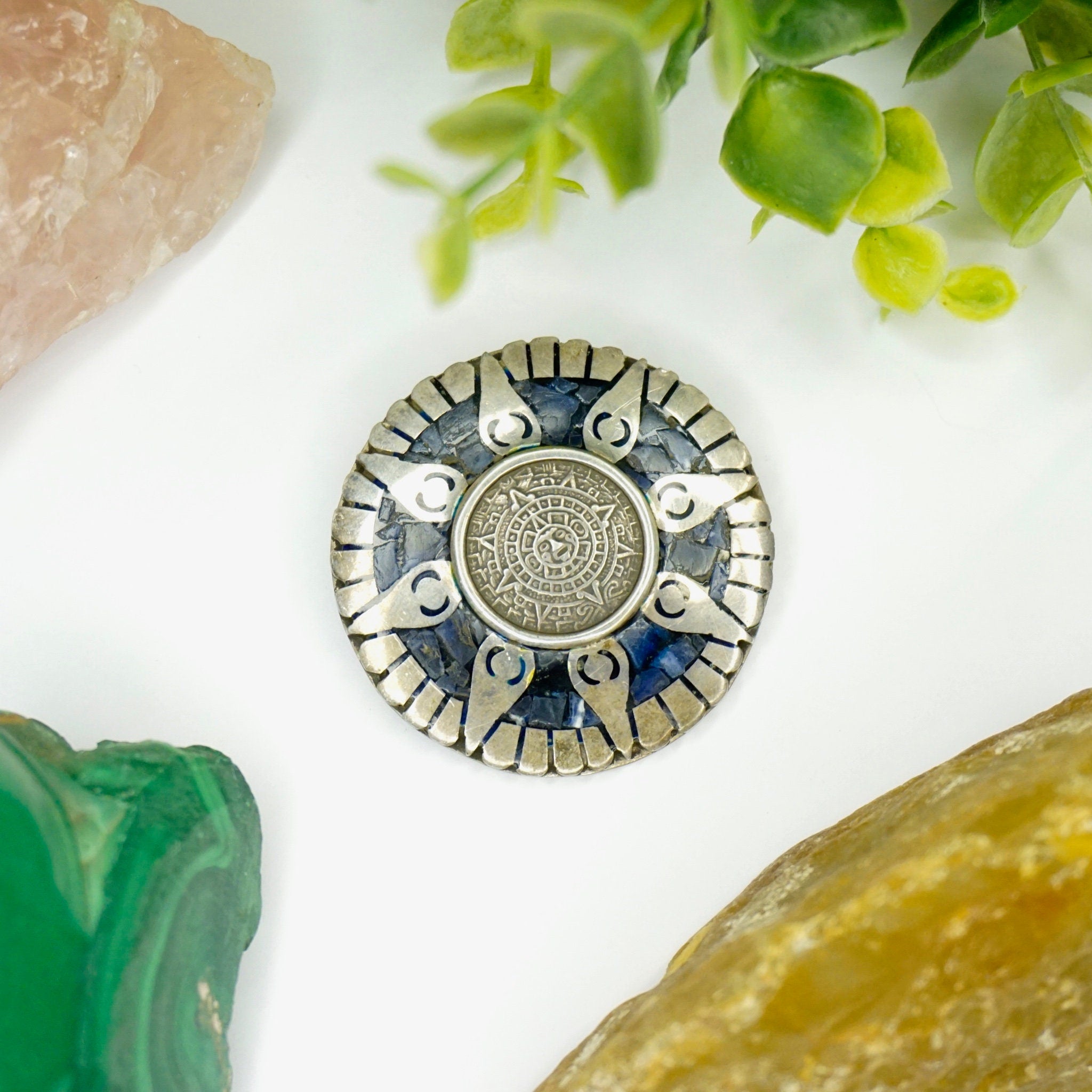 Brooch, Aztec Pendant With Blue Stones and Silver Sun Rays, Mayan Sun God Brooch, Mex 925 Jewelry