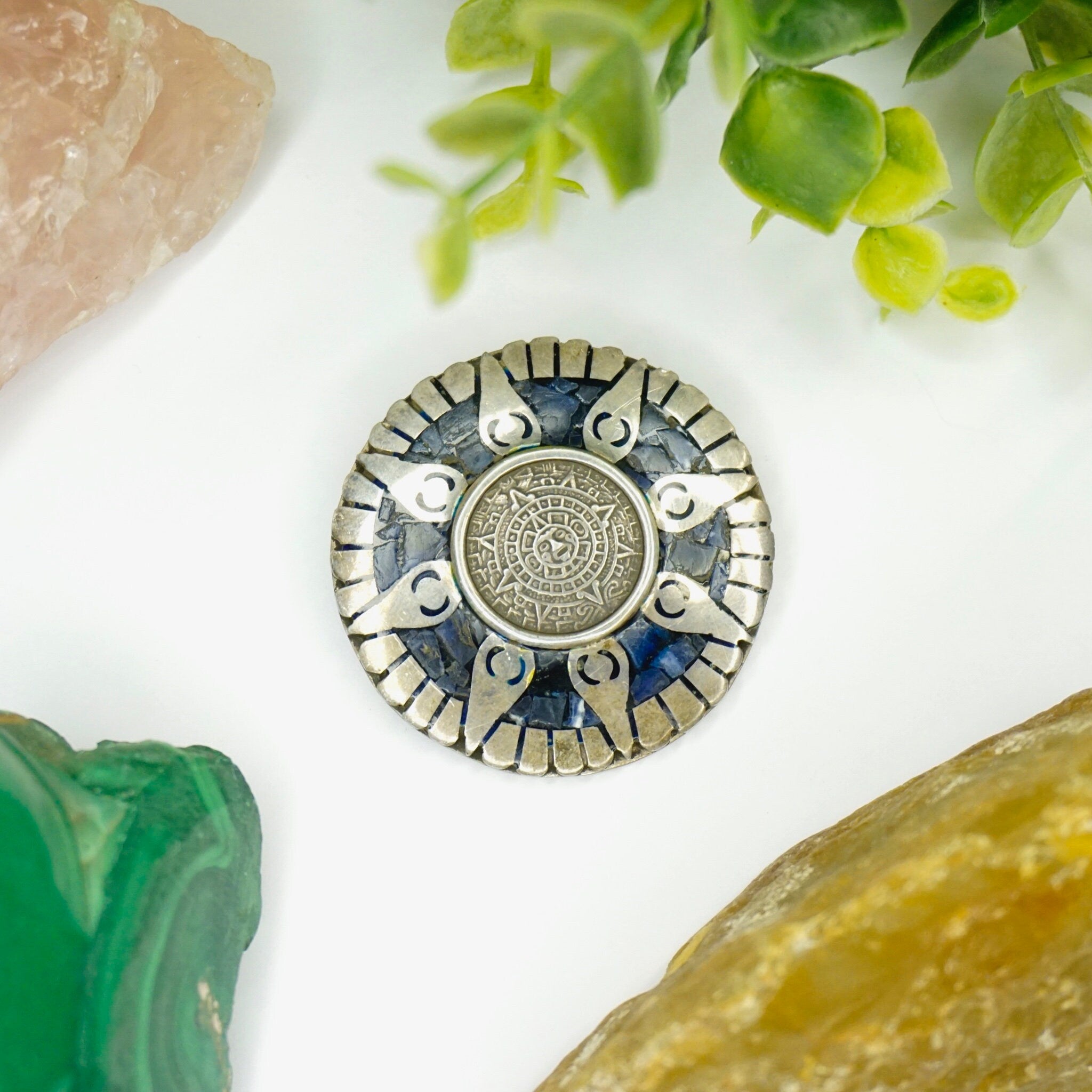 Brooch, Aztec Pendant With Blue Stones and Silver Sun Rays, Mayan Sun God Brooch, Mex 925 Jewelry