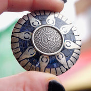 Vintage Taxco Silver Mayan Sun Pendant/Brooch, Aztec Pendant With Blue Stones and Silver Sun Rays, Mayan Sun God Brooch, Mex 925 Jewelry