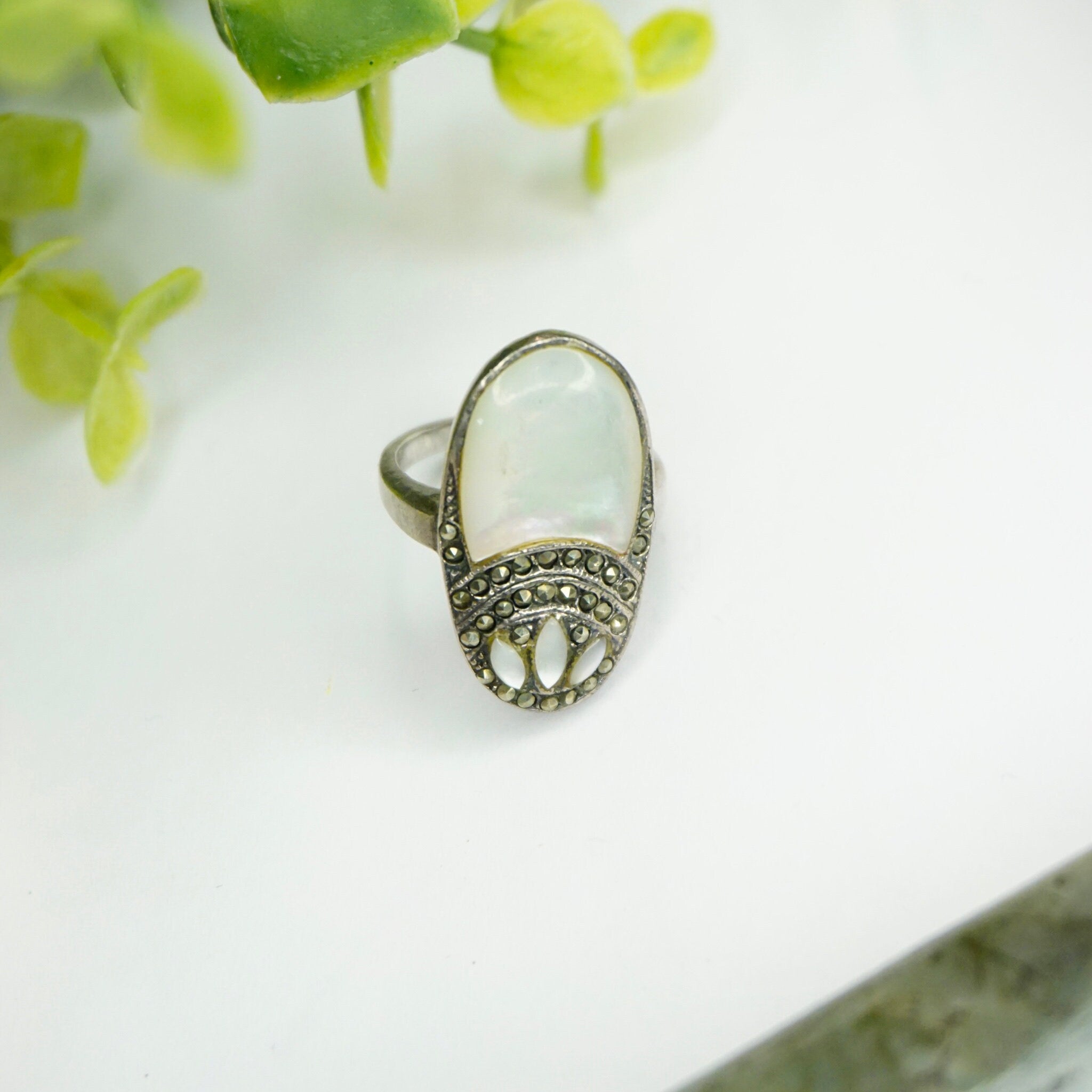 Vintage Sterling Silver Mother Of Pearl And Marcasite Ring, Art Deco Marcasite Ring With Iridescent Mother of Pearl, 925 Jewelry
