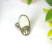 Vintage Sterling Silver Mother Of Pearl And Marcasite Ring, Art Deco Marcasite Ring With Iridescent Mother of Pearl, 925 Jewelry