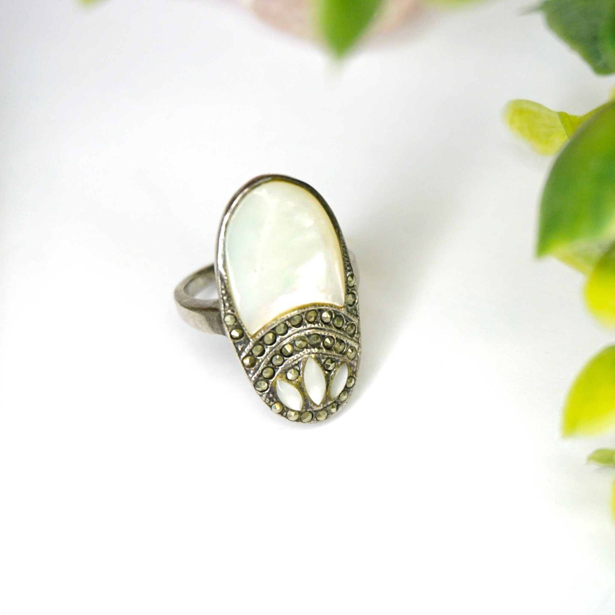 Vintage Sterling Silver Mother Of Pearl And Marcasite Ring, Art Deco Marcasite Ring With Iridescent Mother of Pearl, 925 Jewelry
