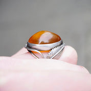 Vintage Sterling Silver Amber Ring, Orange Amber Ring With Silver Feather/Leaf Details, Large Face Silver Ring, Size 7.5 US Sterling Ring