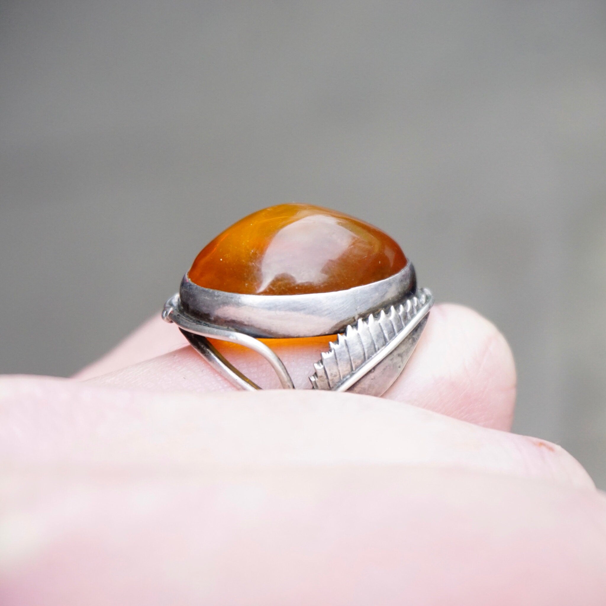 Vintage Sterling Silver Amber Ring, Orange Amber Ring With Silver Feather/Leaf Details, Large Face Silver Ring, Size 7.5 US Sterling Ring
